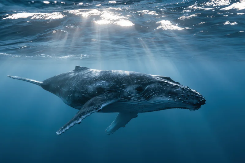 Young humpback whale calf swimming just beneath the ocean surface with sunlight rays penetrating the water