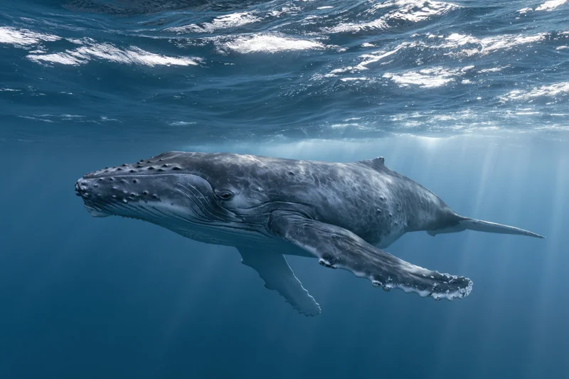 Young humpback whale calf swimming just beneath the ocean surface