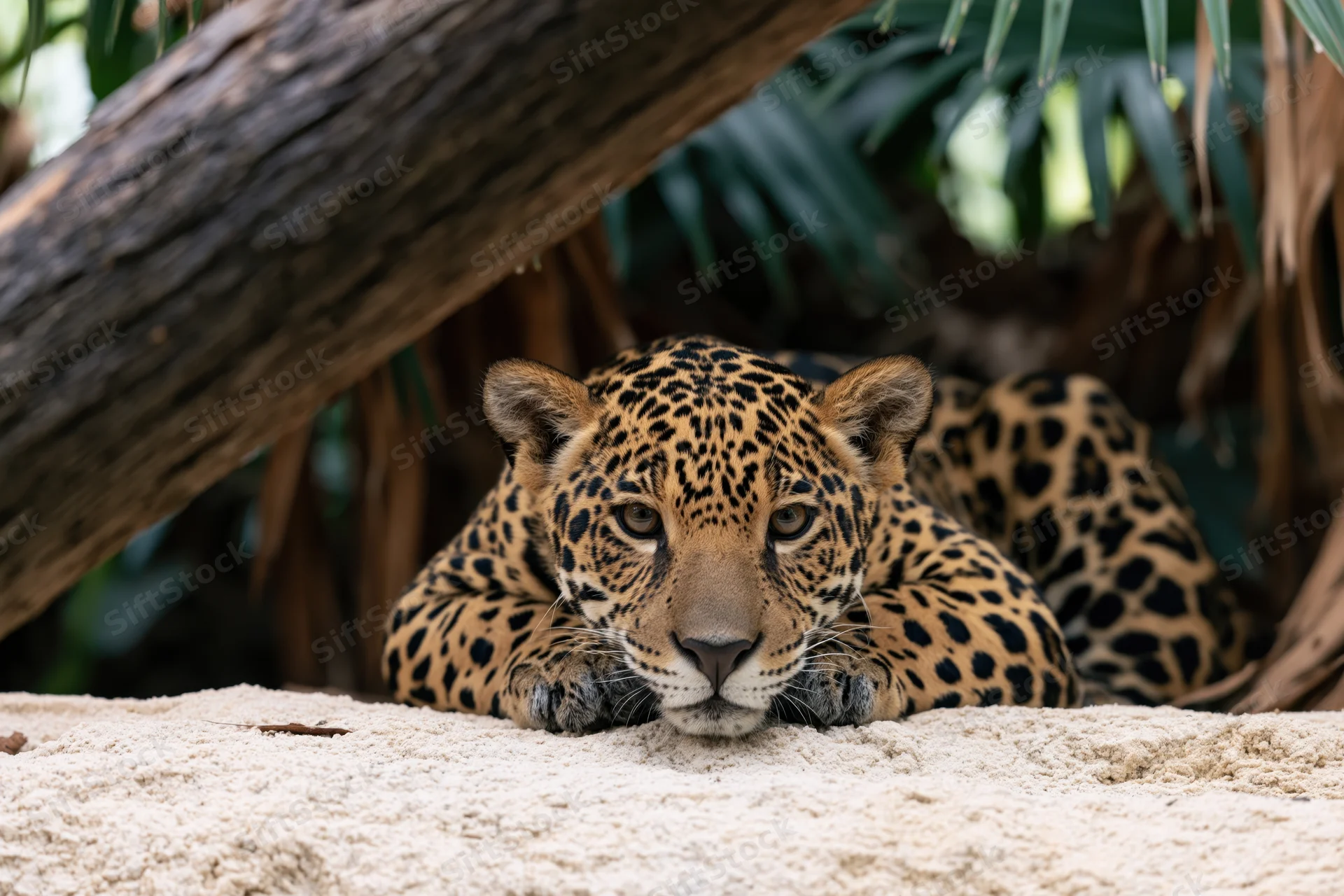 Jaguar lying on sandstone rock under log in shaded enclosure, alert and staring forward