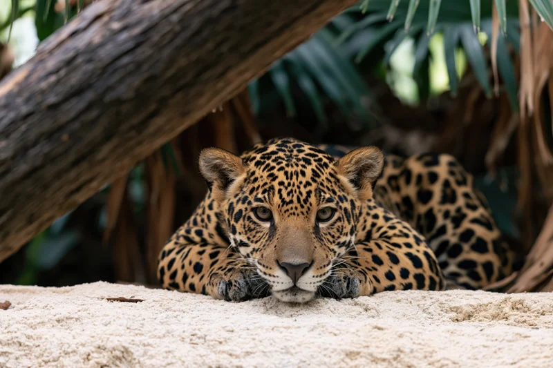 Jaguar lying on sandstone rock under log in shaded enclosure, alert and staring forward