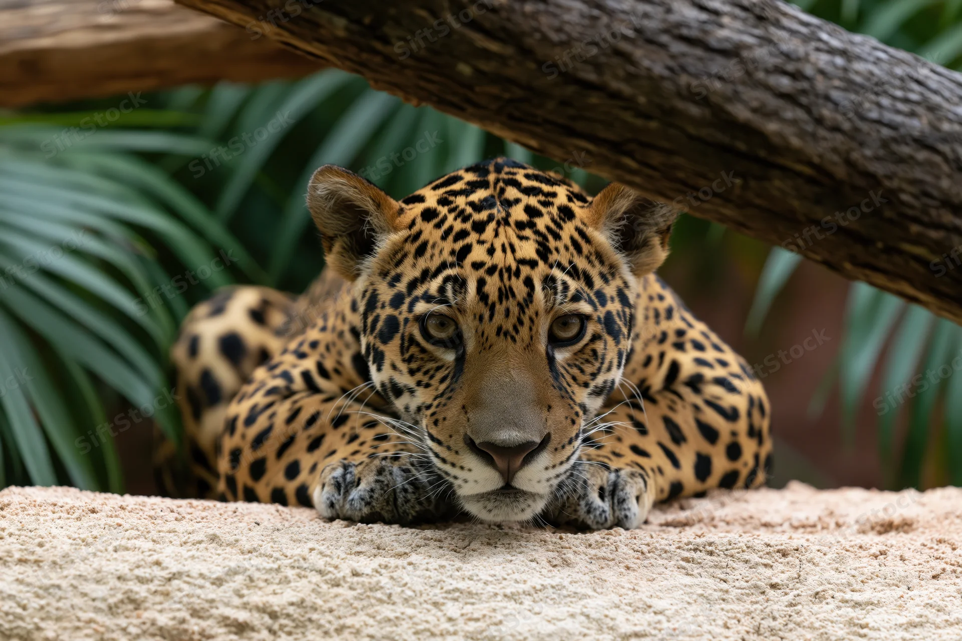 Jaguar crouching on sandstone rock with foliage behind, staring forward