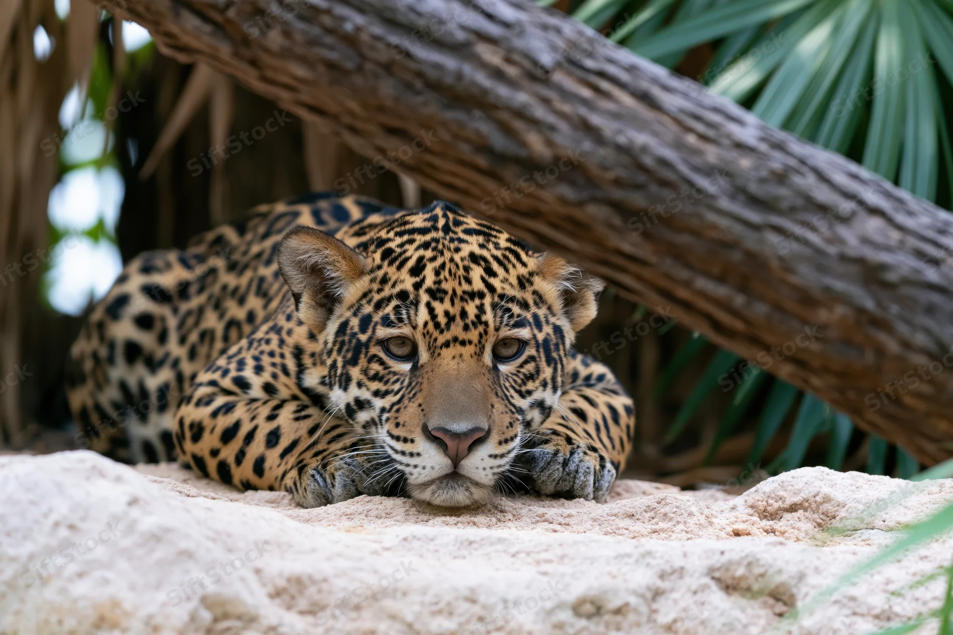 Young jaguar lying low on a sandstone rock under a log, staring forward in a zoo enclosure