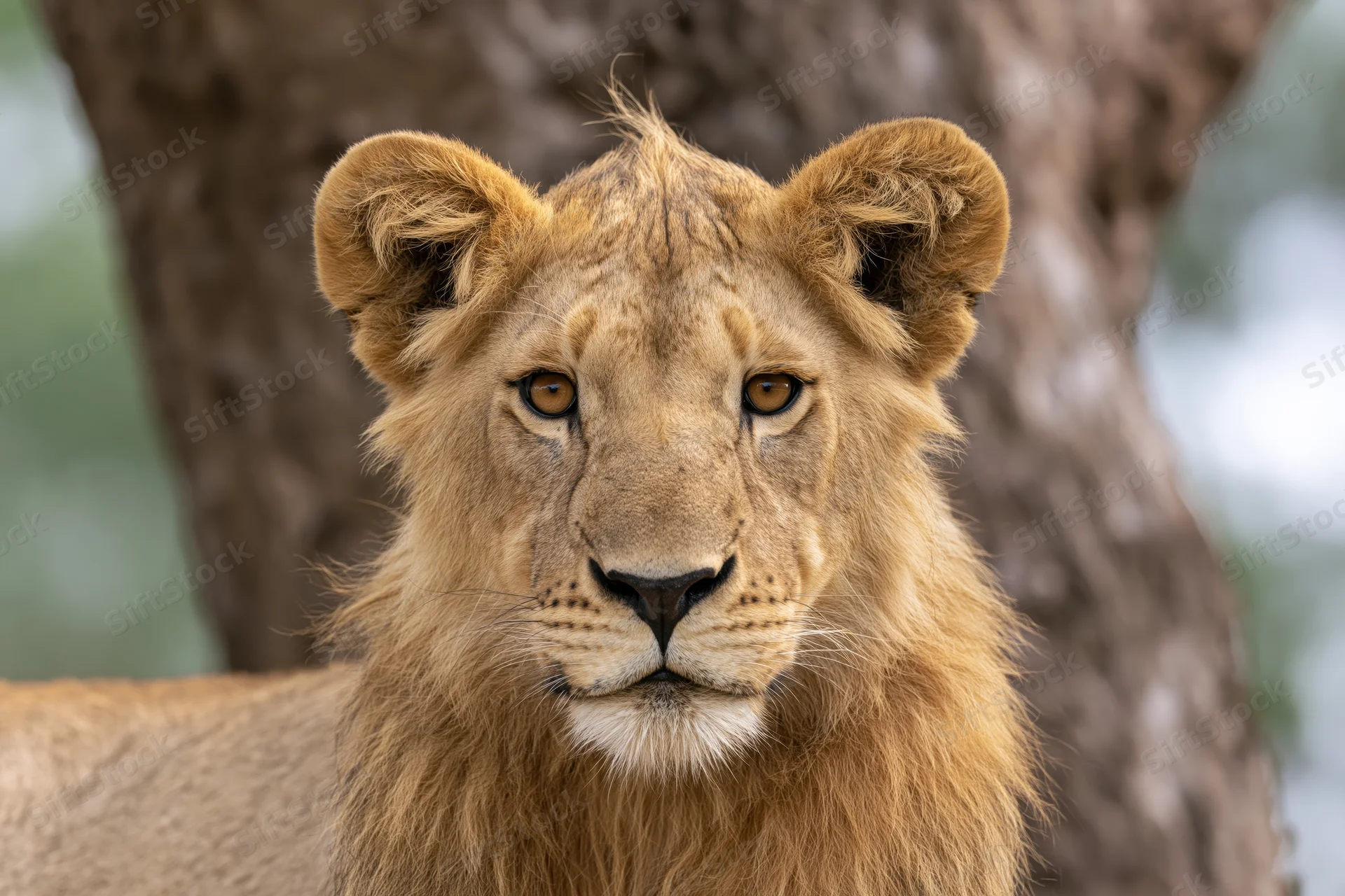 Young male lion staring directly into the camera in front of a tree trunk
