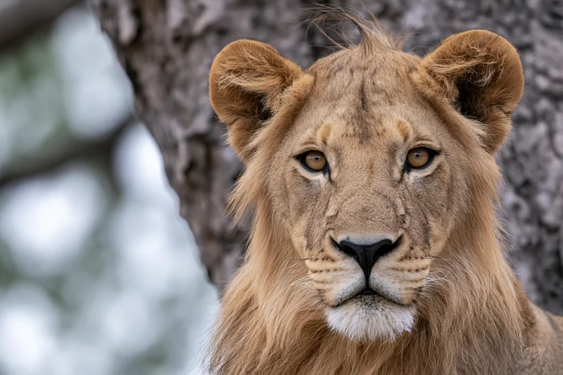 Young male lion staring directly at camera in front of tree bark in savanna habitat