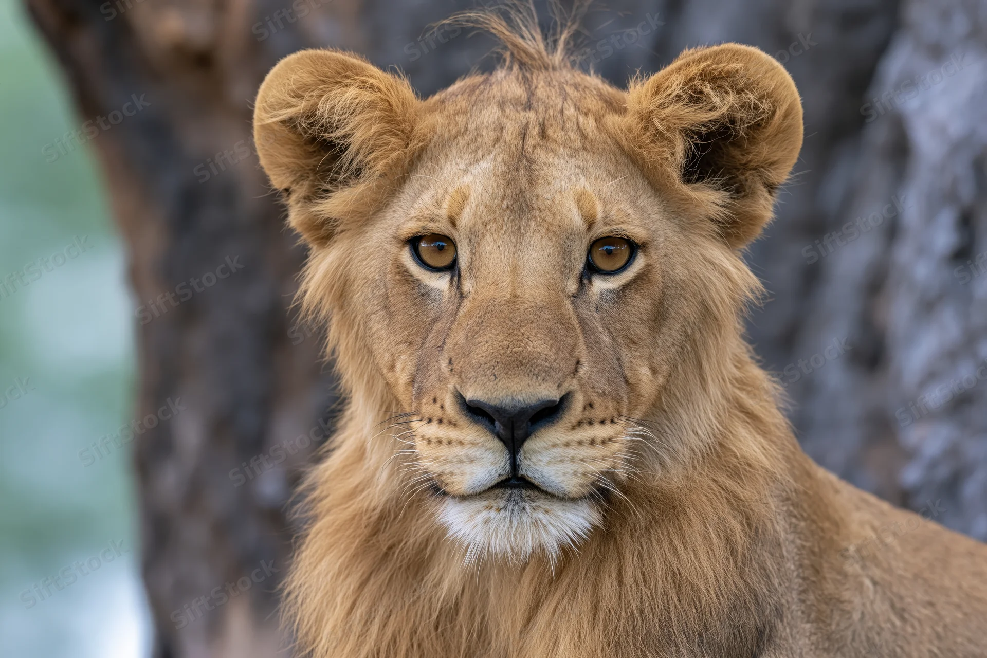 Young male lion staring directly at camera in front of tree trunk