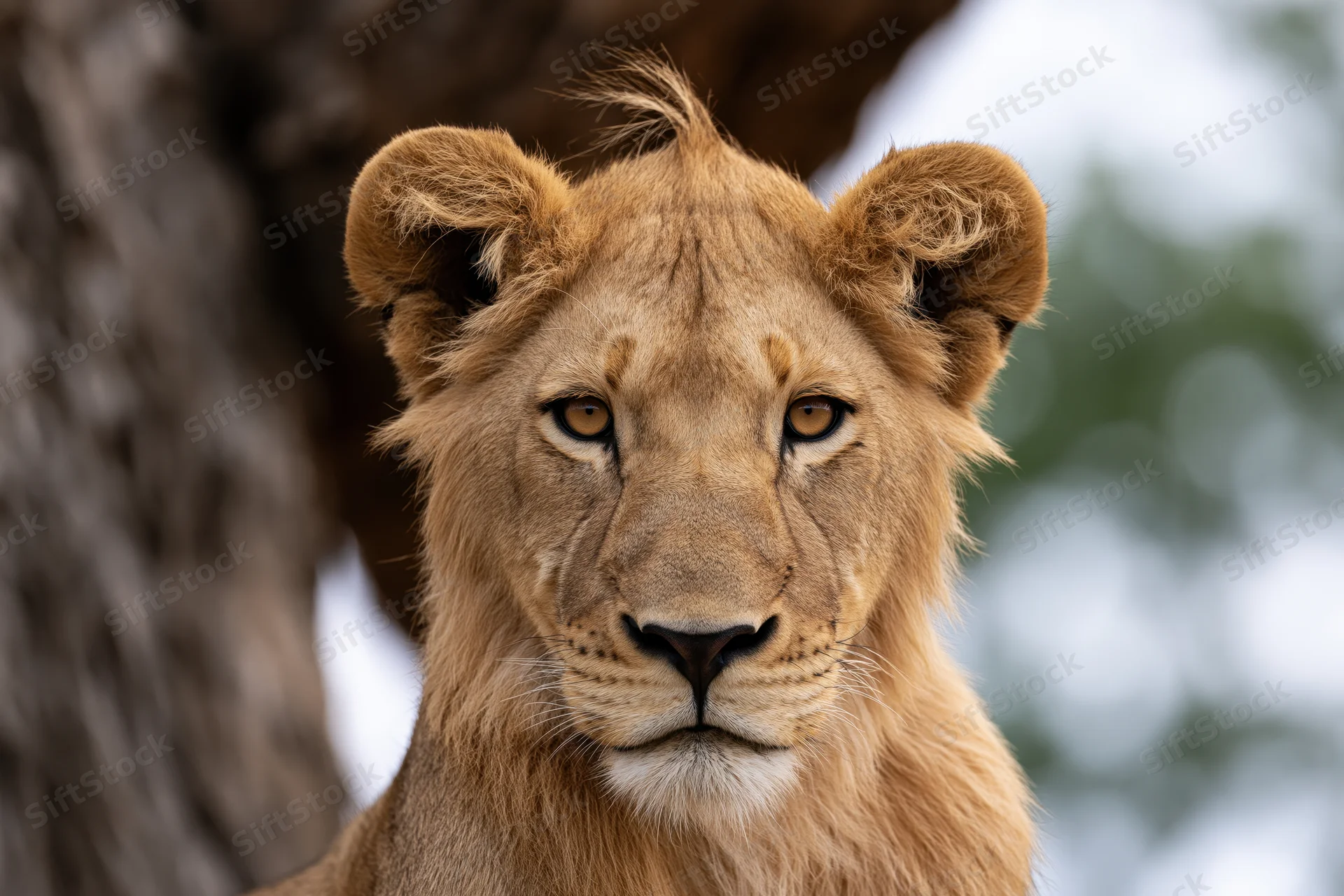 Young male lion staring directly at camera in close-up portrait near tree in savanna habitat