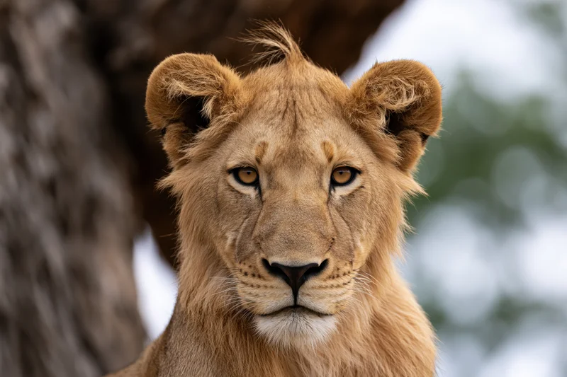 Young male lion staring directly at camera in close-up portrait near tree in savanna habitat
