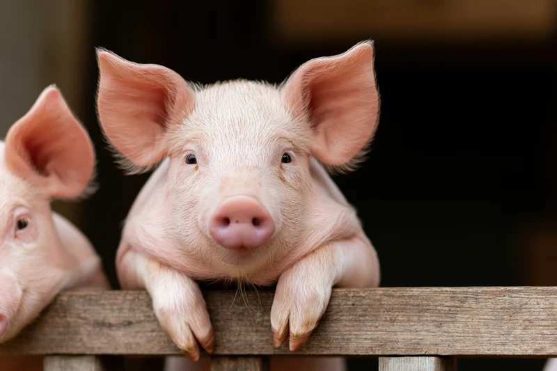 Young pink piglet resting front legs on wooden pen rail