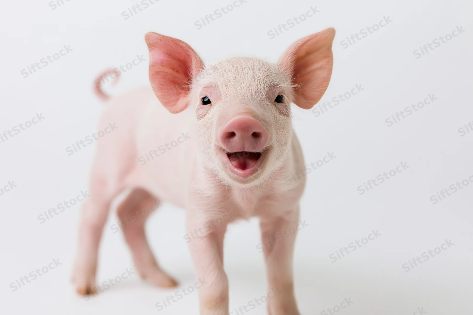 Young pink piglet standing and facing camera in studio setting