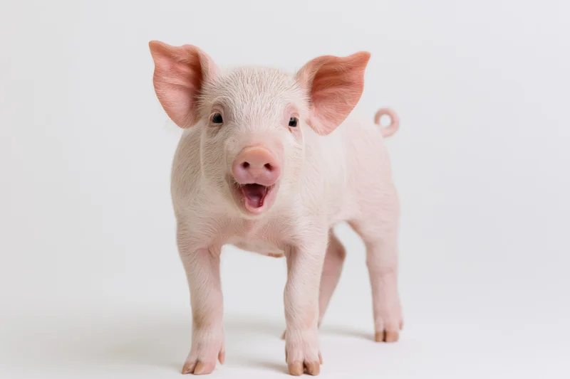 Young pink piglet standing and facing camera in studio setting