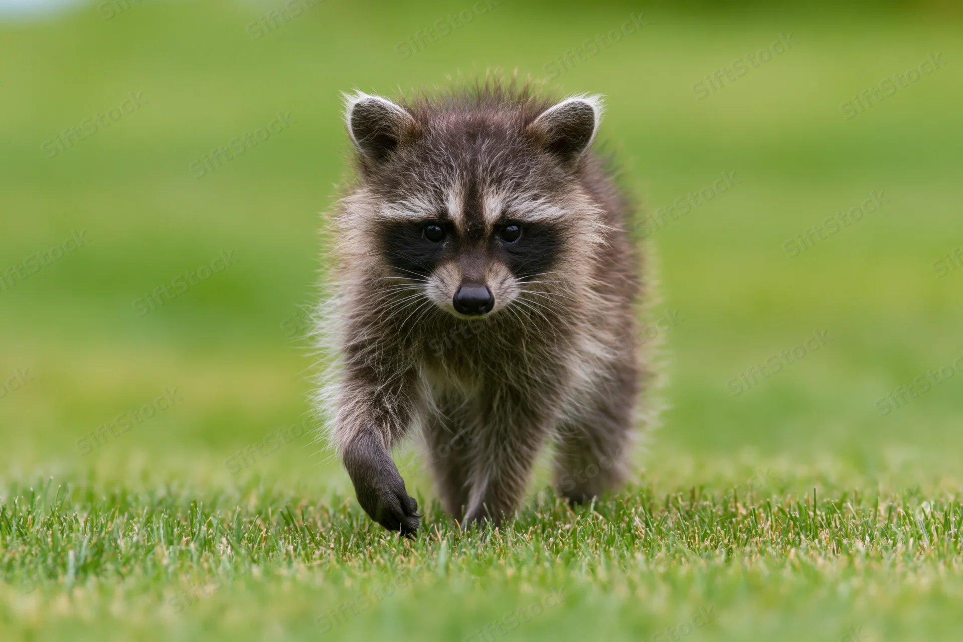 Young raccoon kit walking toward camera across green grassy field