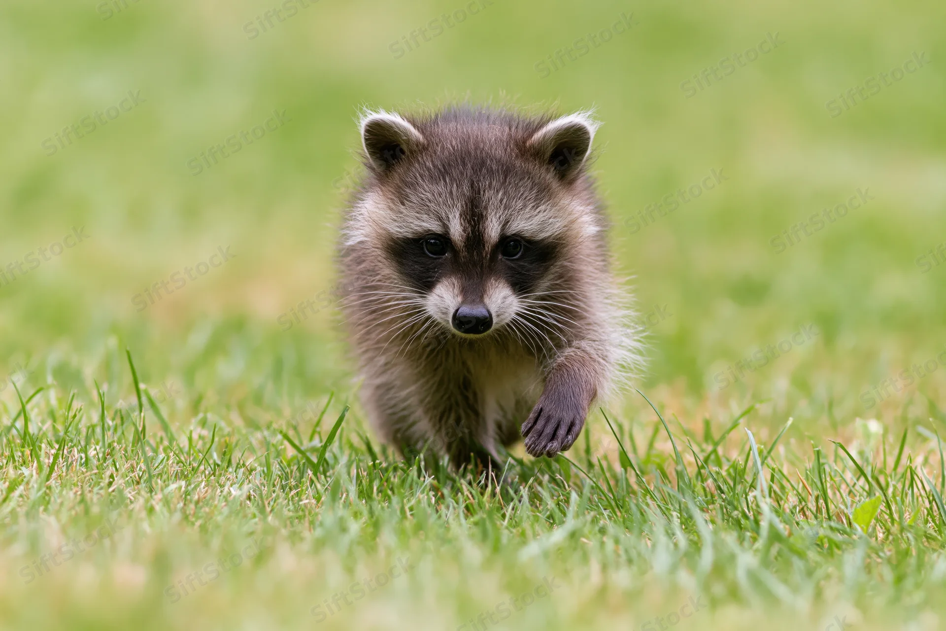 Young raccoon kit walking toward camera across green grass field