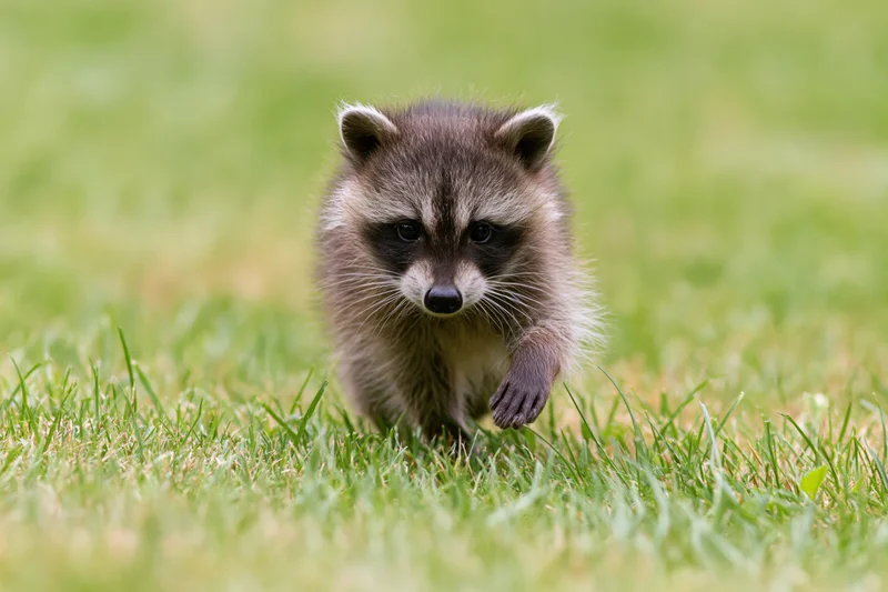 Young raccoon kit walking toward camera across green grass field