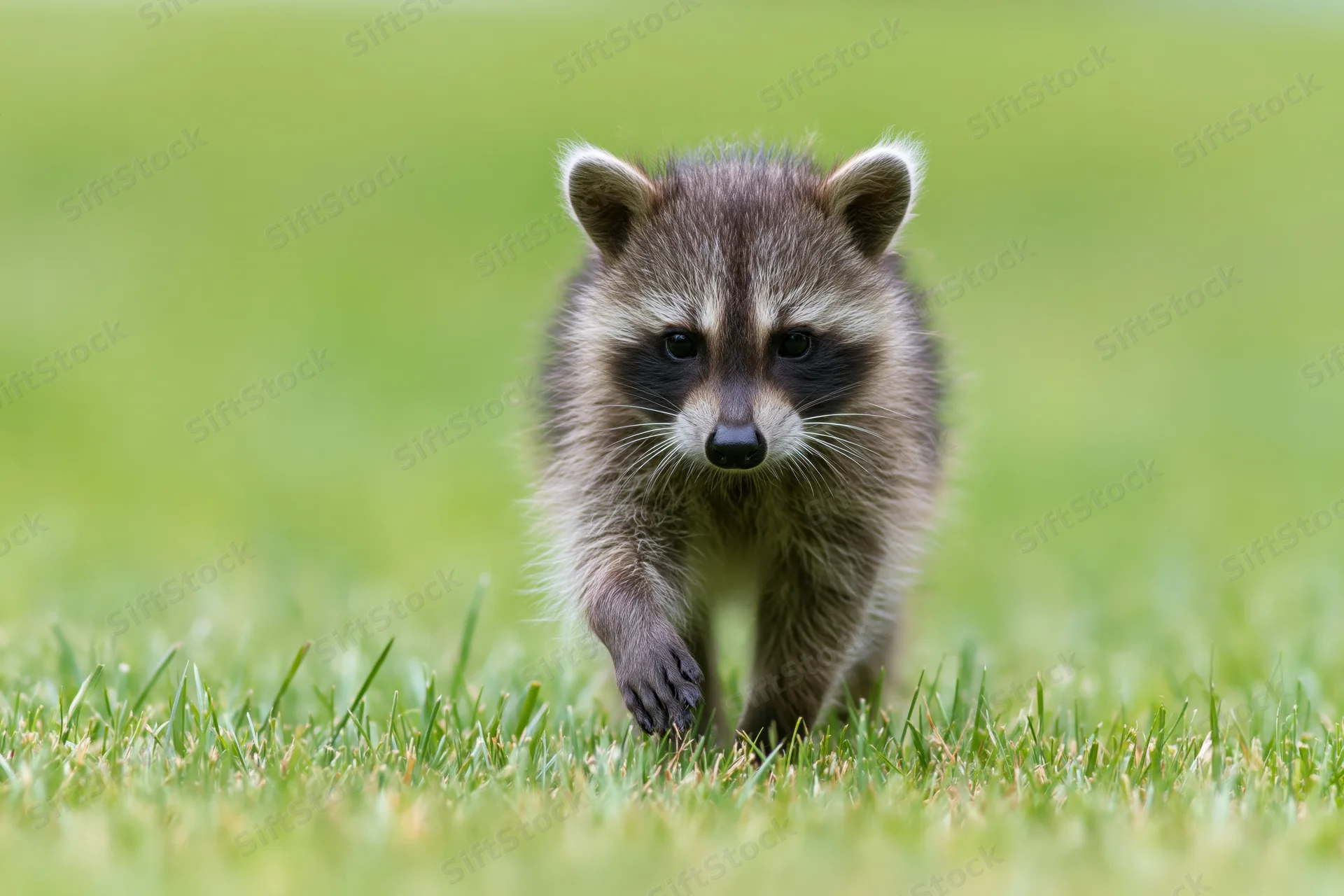 Young raccoon kit walking toward camera across green grass in natural habitat