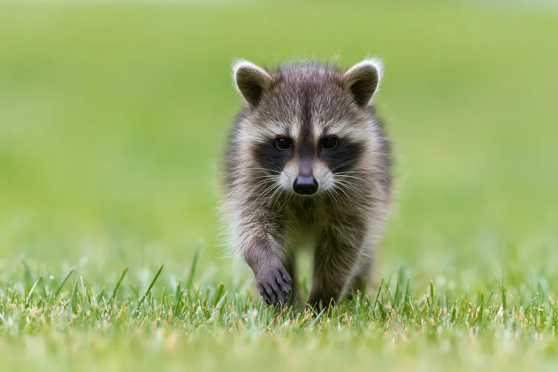 Young raccoon kit walking toward camera across green grass in natural habitat
