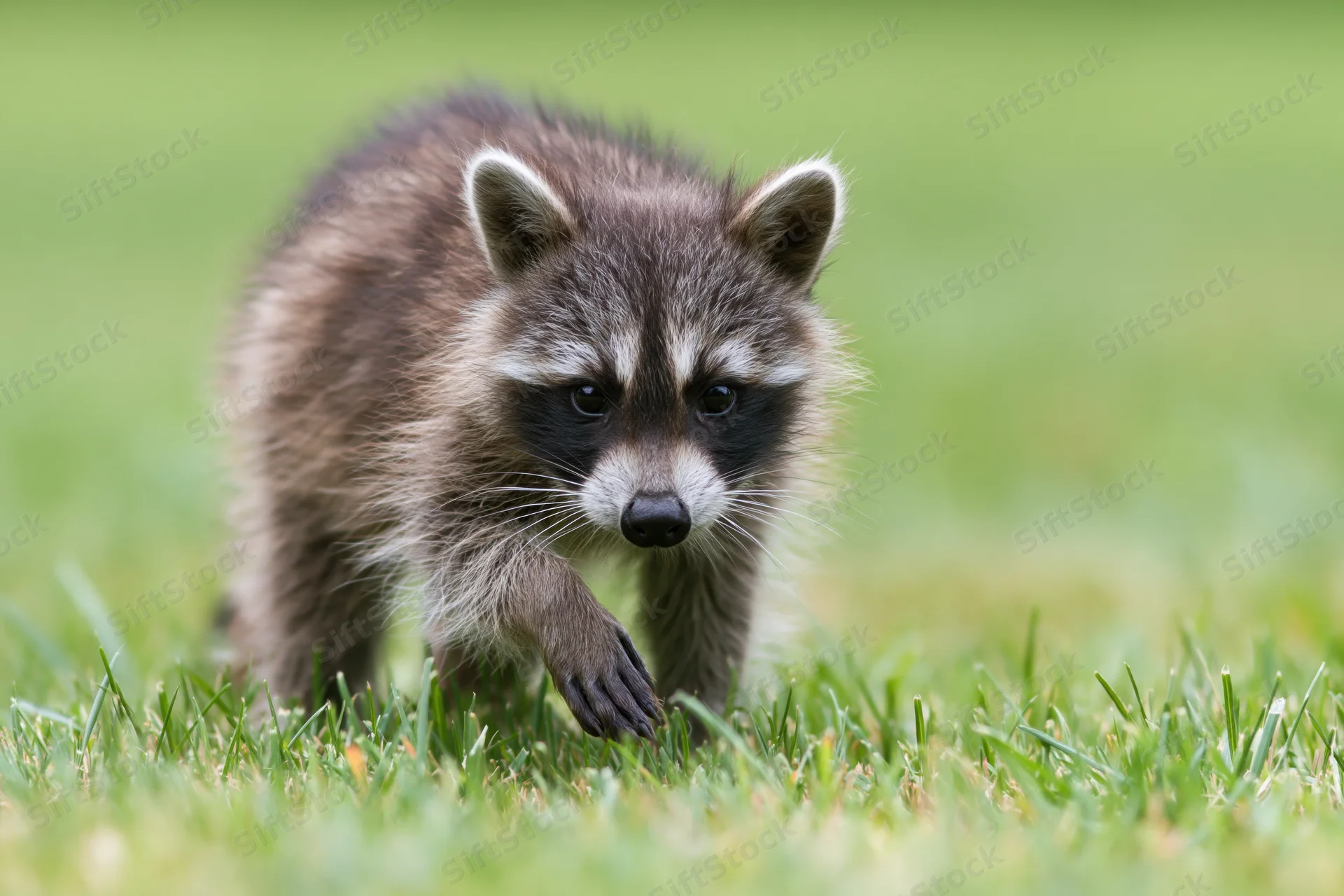 Young raccoon kit walking toward camera across green grass in natural outdoor setting