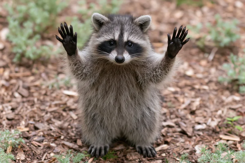 Young raccoon sitting upright on forest floor with paws raised
