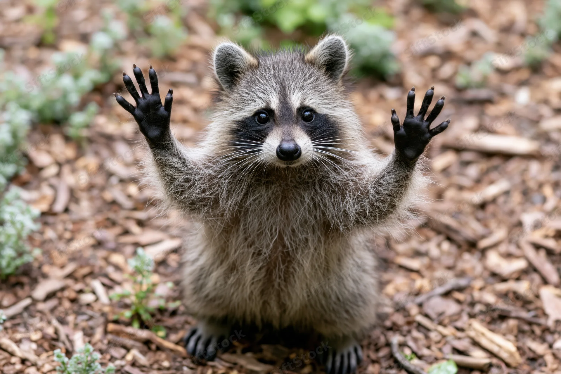 Young raccoon standing upright on forest floor with paws raised