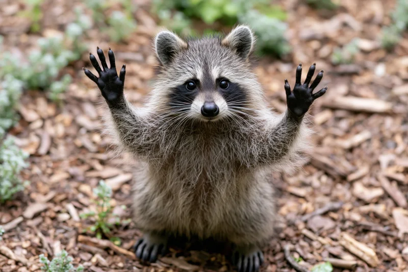 Young raccoon standing upright on forest floor with paws raised