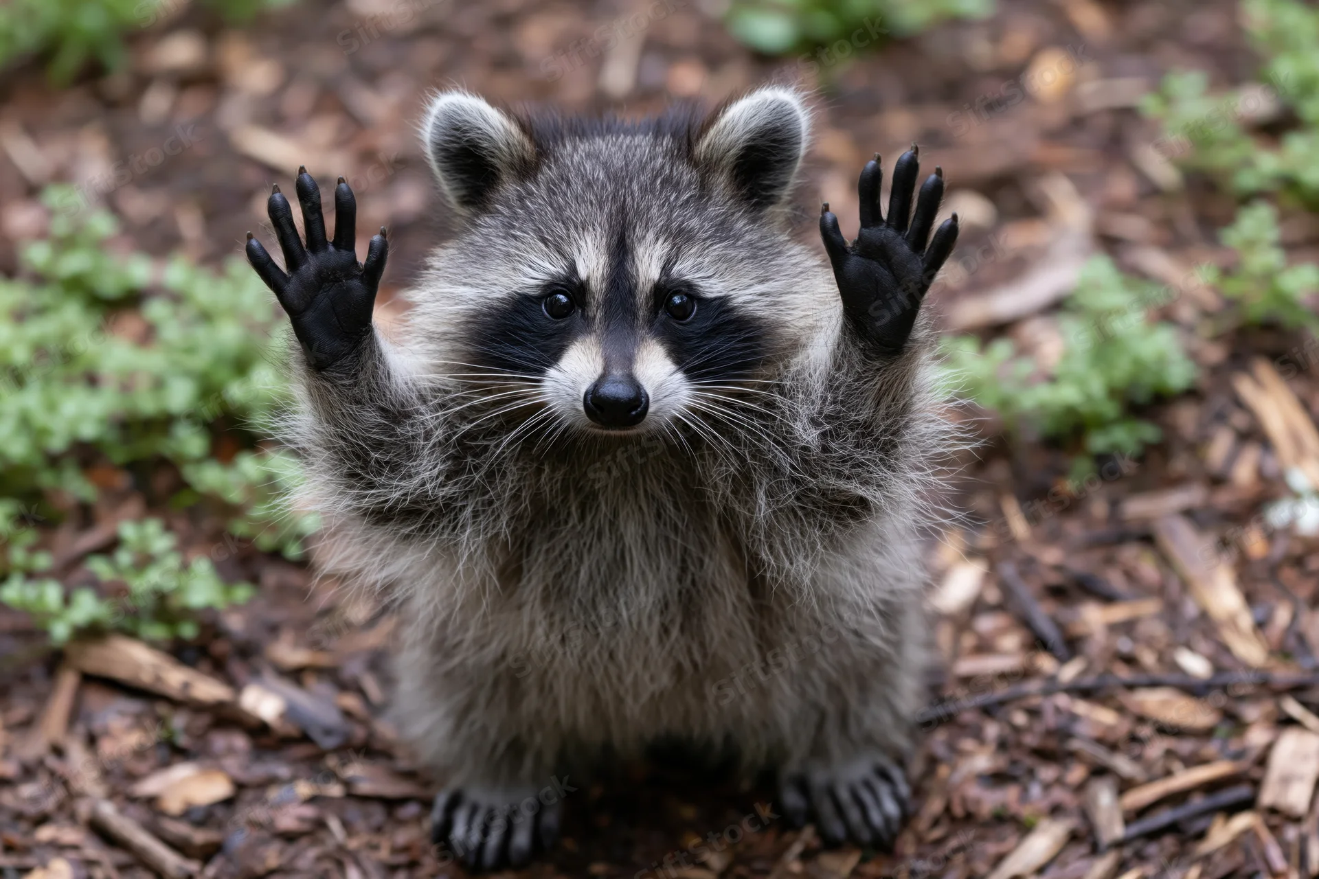 Young raccoon sitting upright on forest floor with paws raised