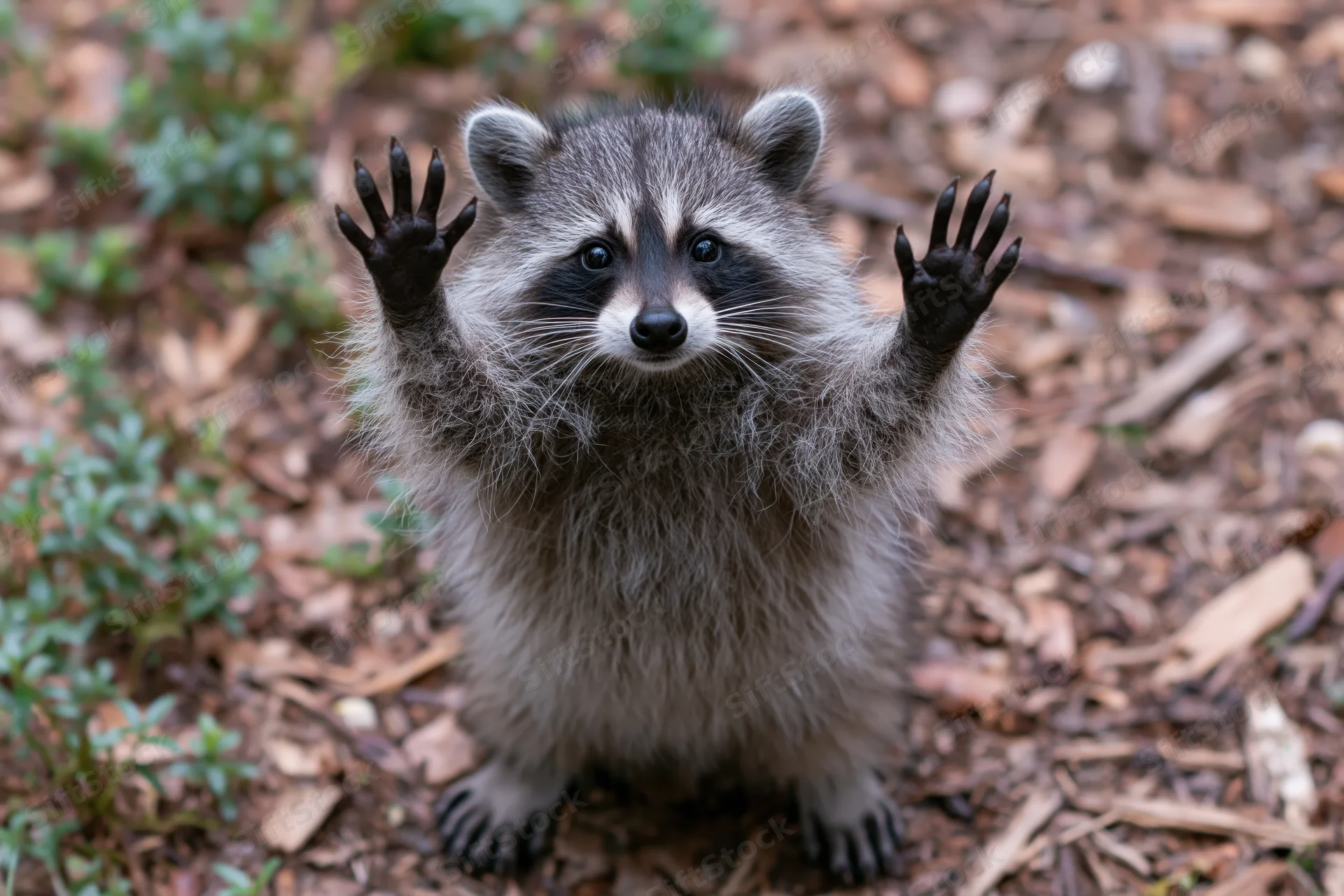 Young raccoon sitting upright on forest floor with paws raised