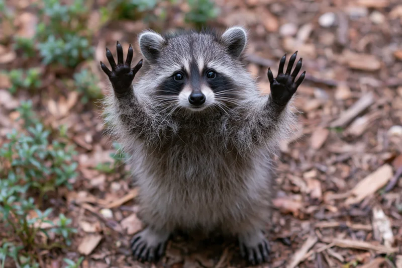 Young raccoon sitting upright on forest floor with paws raised