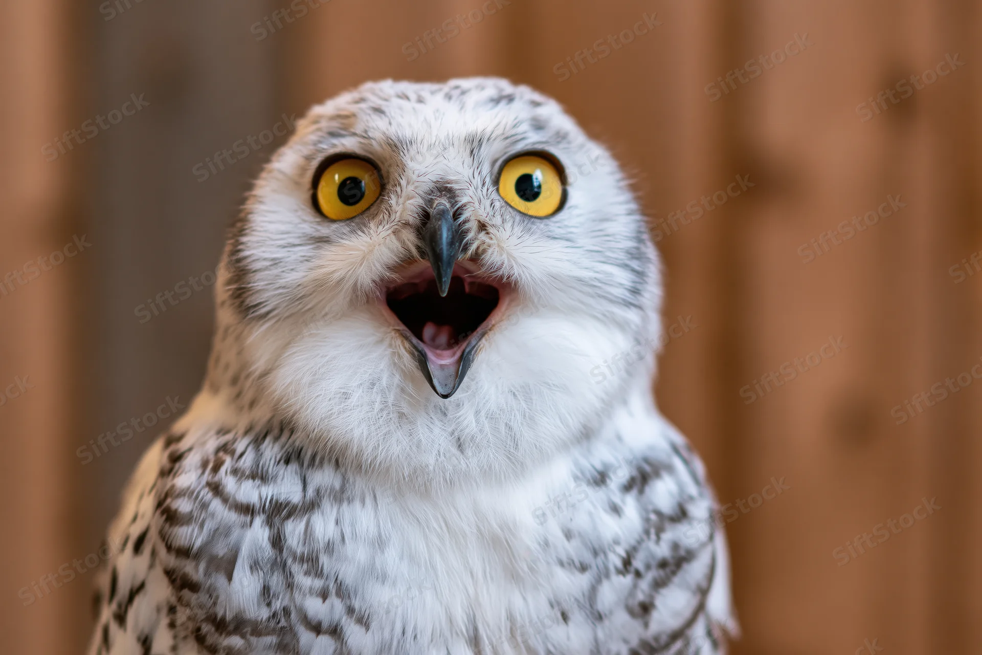 Snowy owl with open beak and wide yellow eyes facing camera against blurred wooden background