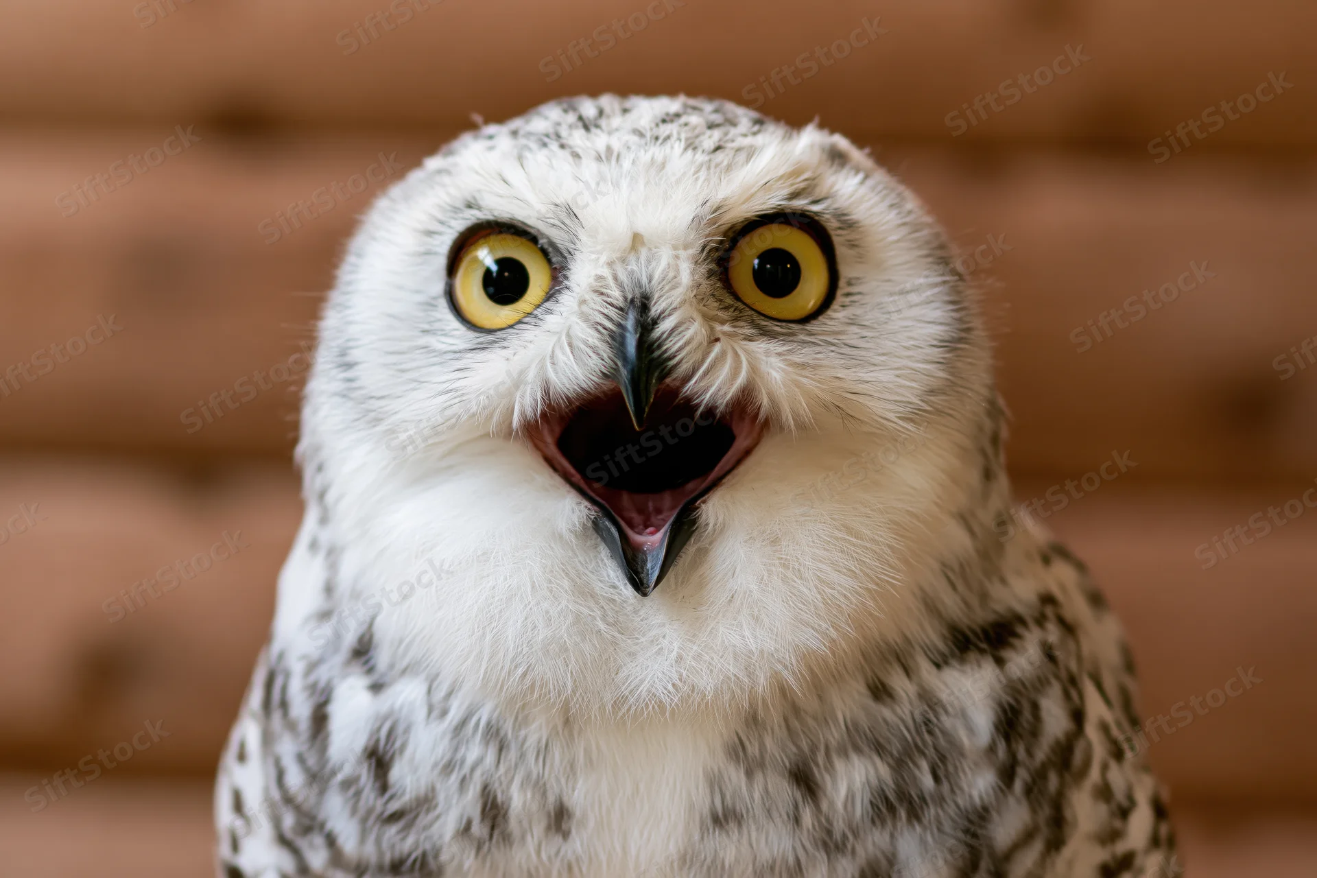 Snowy owl with open beak facing camera in closeup portrait against blurred wooden background