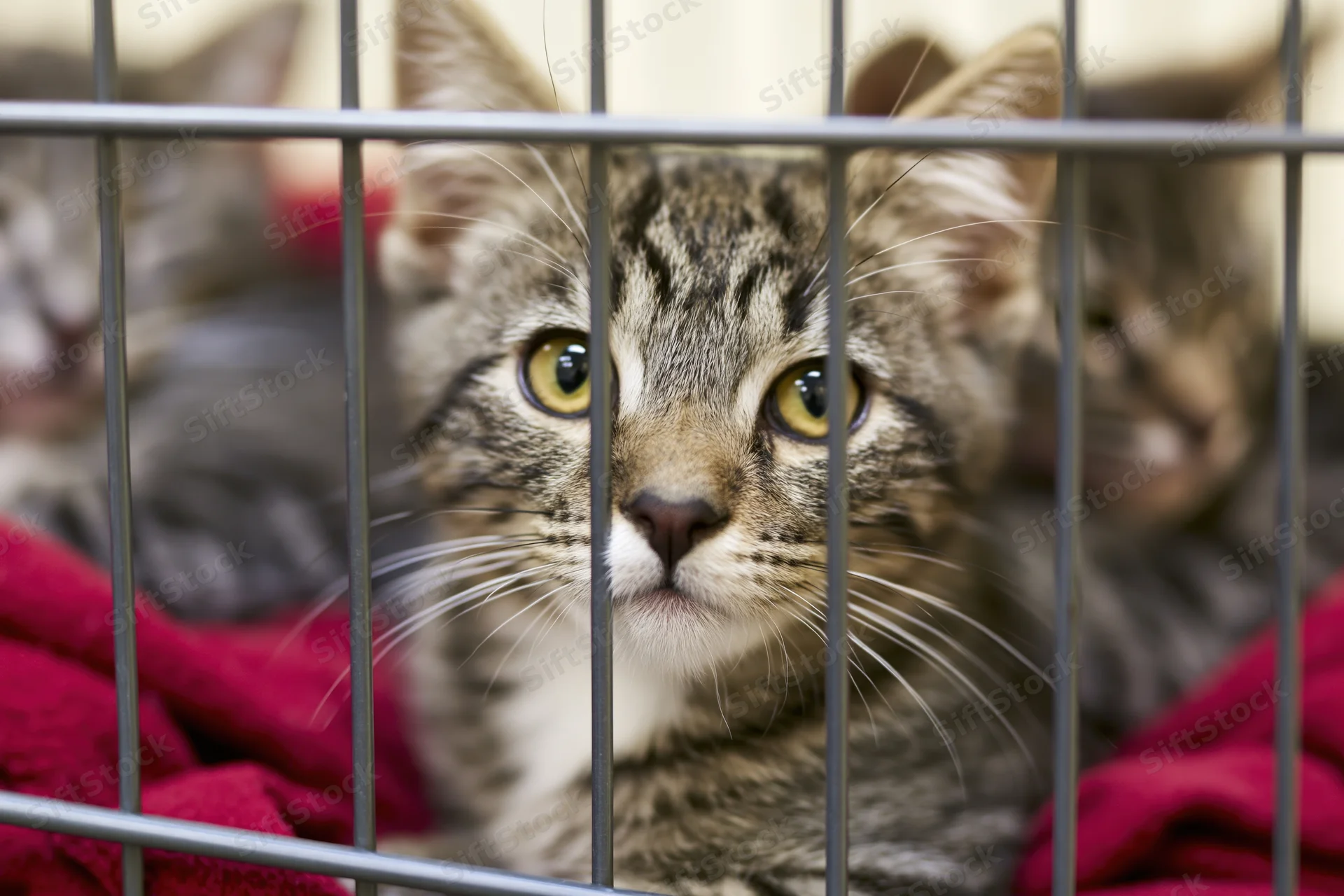 Young tabby kitten pressing face between metal cage bars, looking directly at camera, resting on red blanket in shelter enclosure