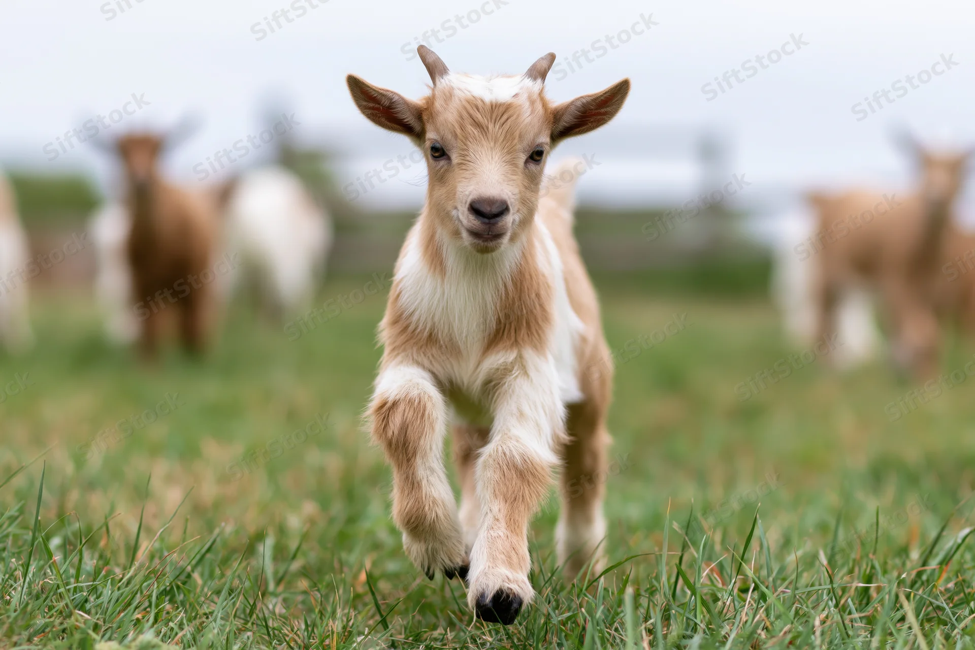 Young tan-and-white baby goat trotting toward camera on a grassy pasture with other goats in the background