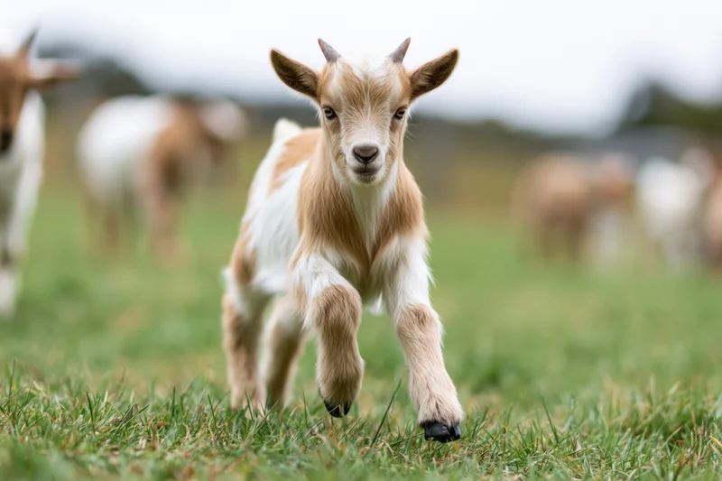 Young tan-and-white baby goat trotting toward camera on a green pasture with blurred herd in background