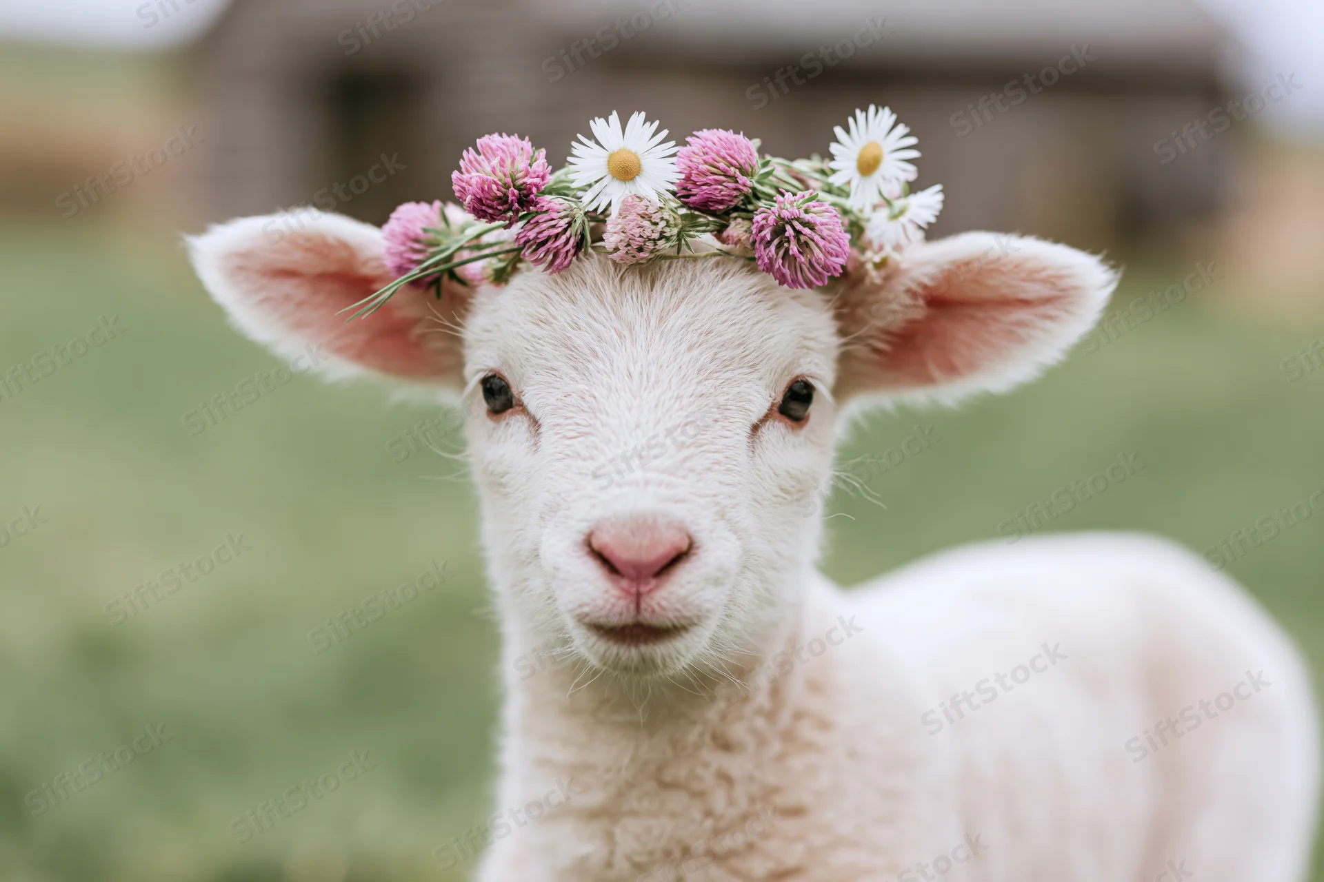 Young white lamb wearing a wildflower crown in a green pasture