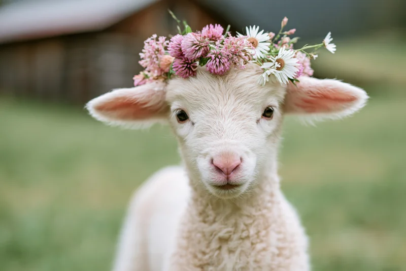Young white lamb wearing a floral crown of pink and white wildflowers in a green field