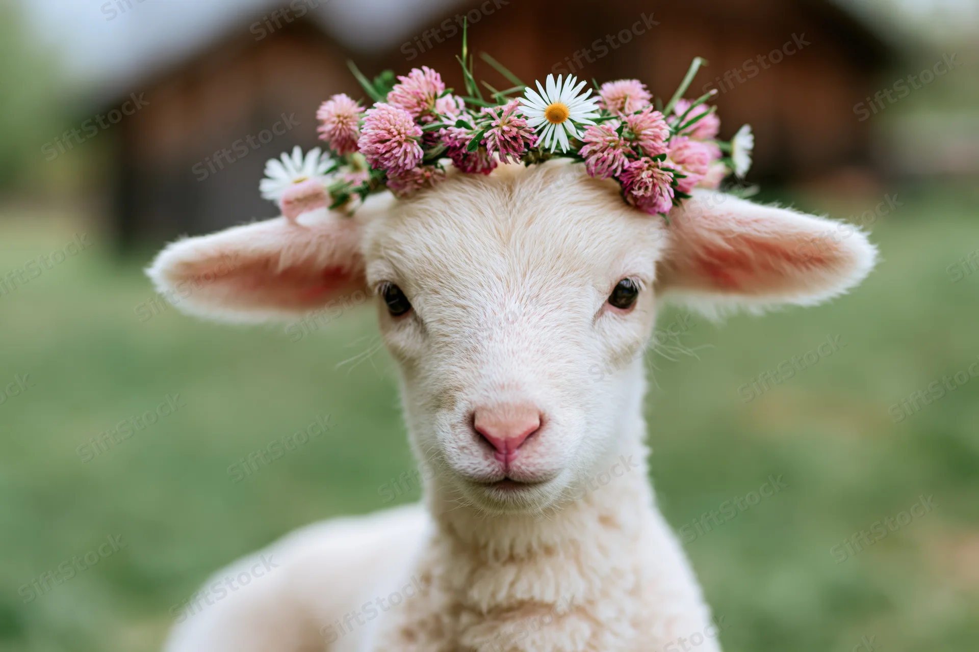 Young white lamb wearing a wildflower crown in a green field