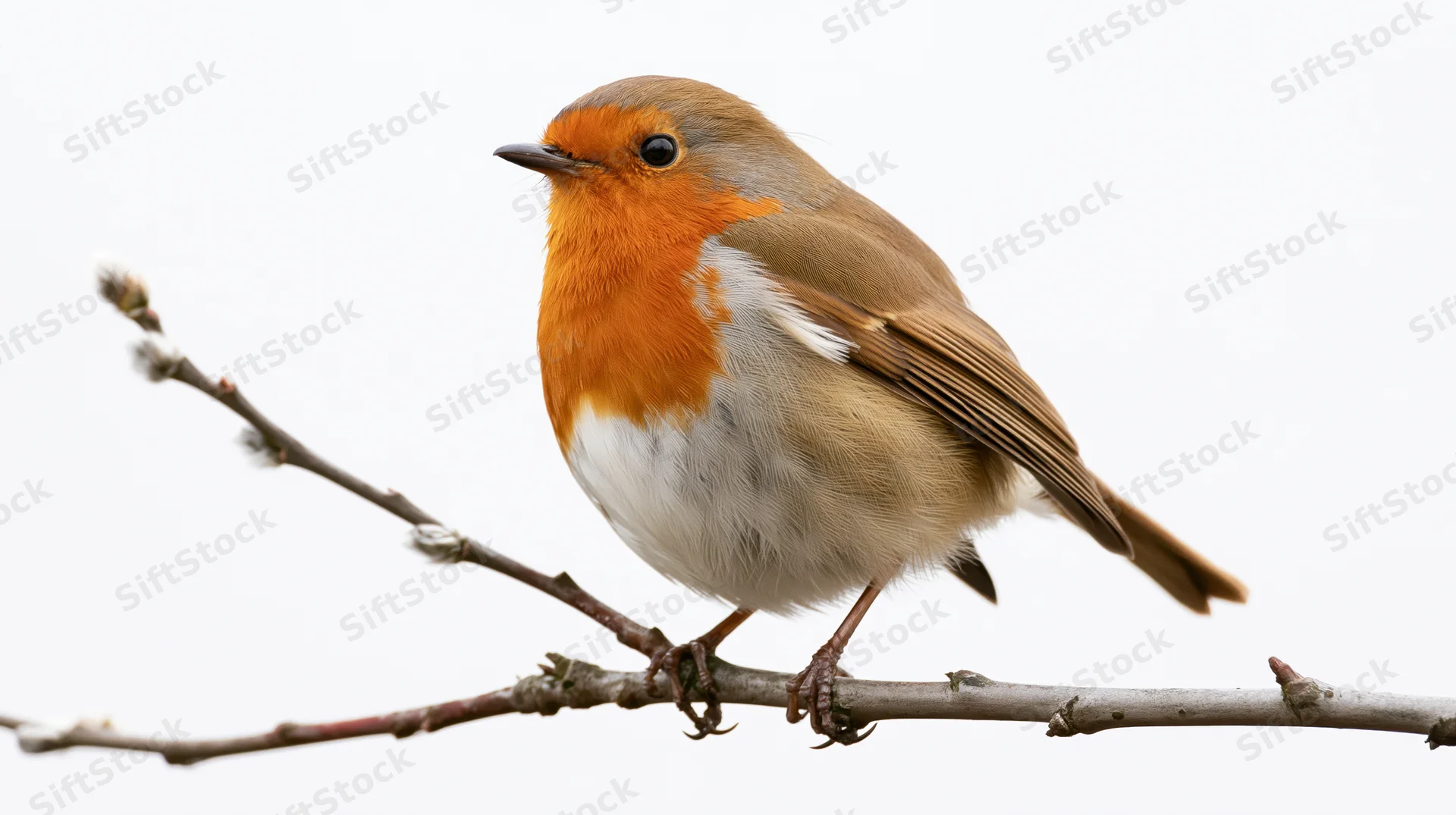 European robin perched on a bare slender branch with small buds in profile view against white background