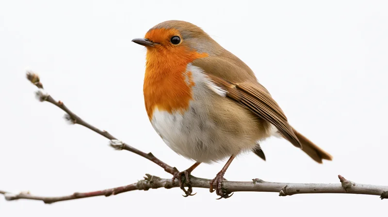 European robin perched on a bare slender branch with small buds in profile view against white background