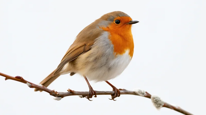European robin perched on a bare slender branch with small buds