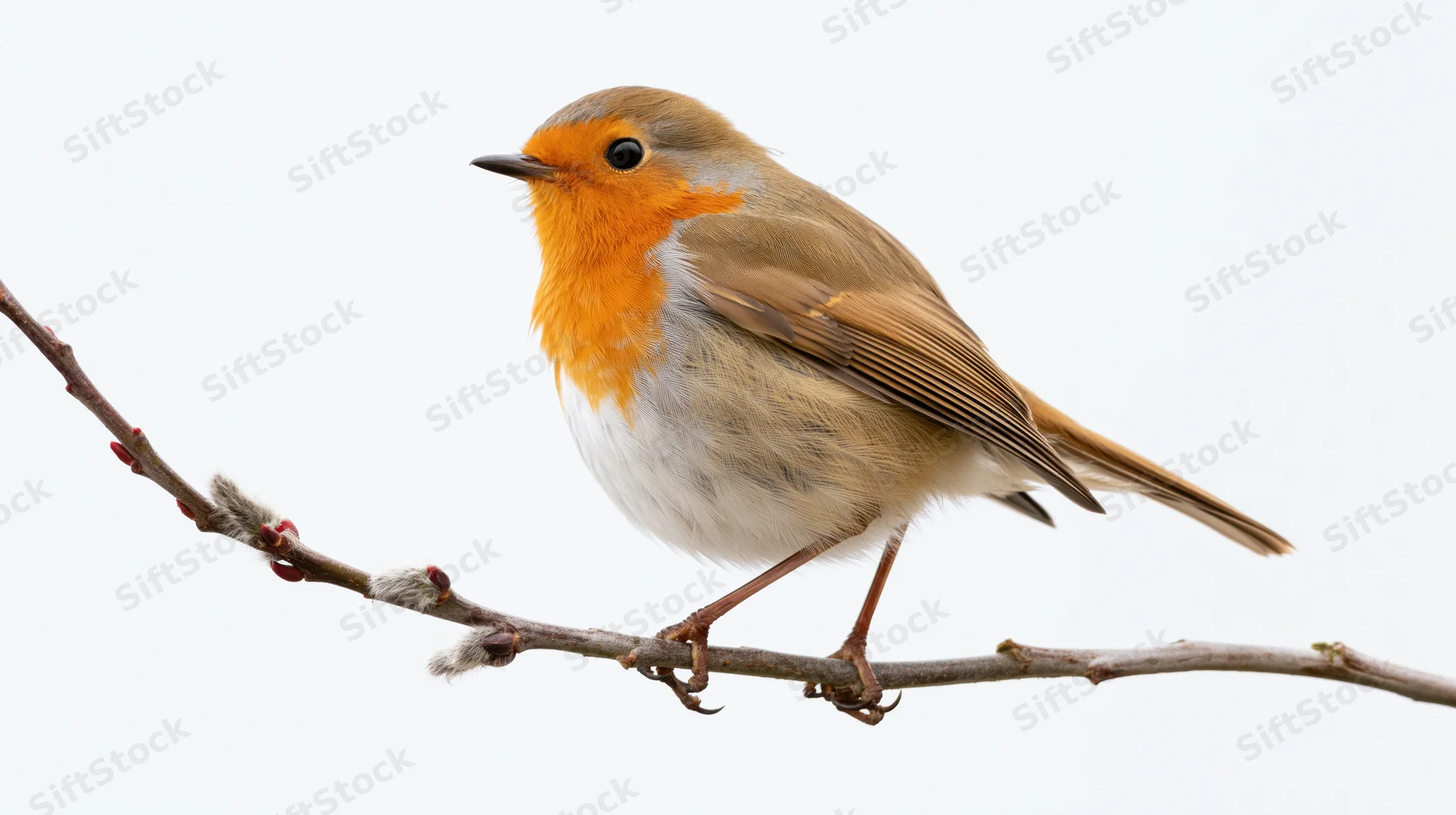 European robin perched on a bare slender branch with small buds in profile view