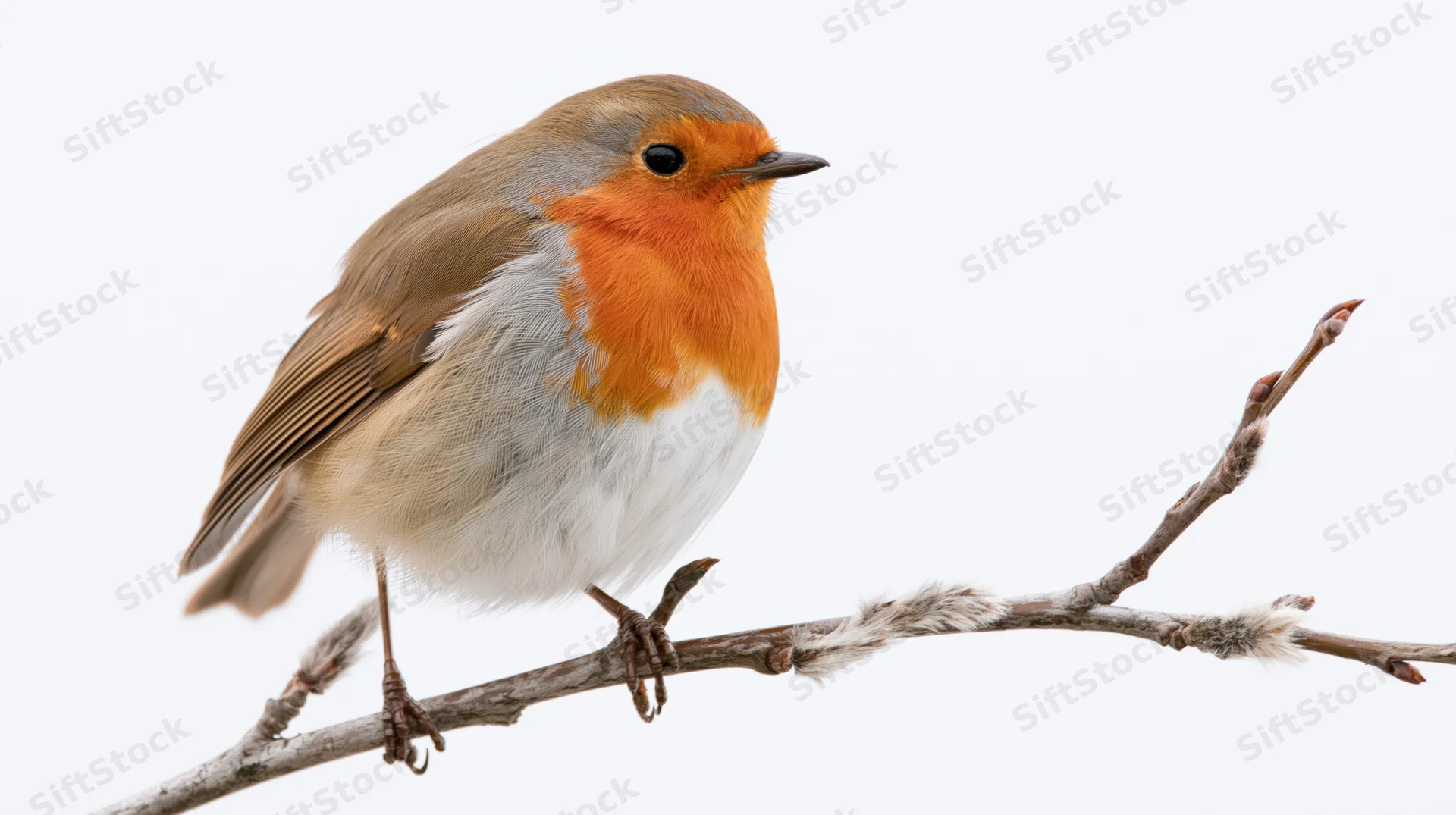 European robin perched on a bare slender branch with small buds in profile view