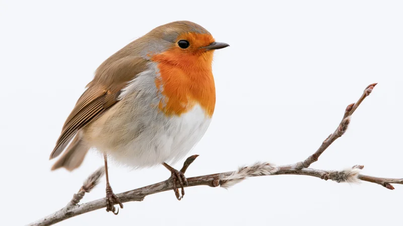 European robin perched on a bare slender branch with small buds in profile view