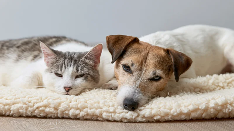 Jack russell terrier and tabby cat resting together on a white fleece rug indoors