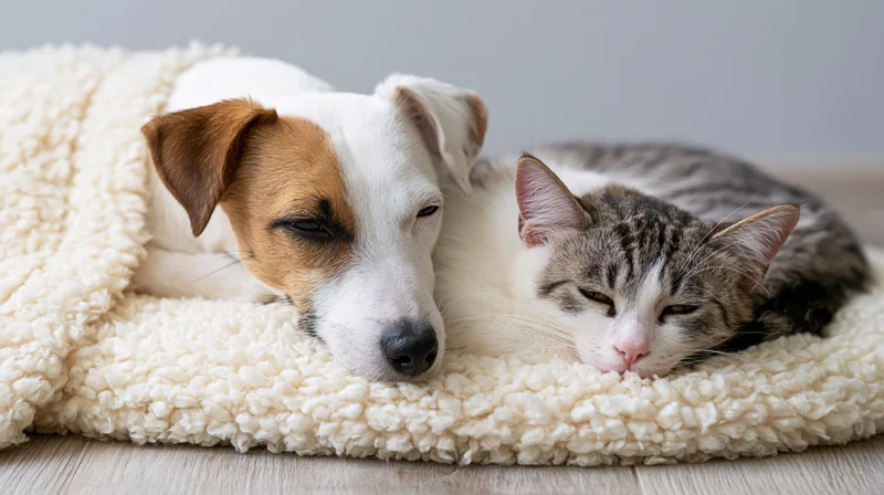 Jack russell terrier and tabby cat resting together on a fluffy white blanket indoors
