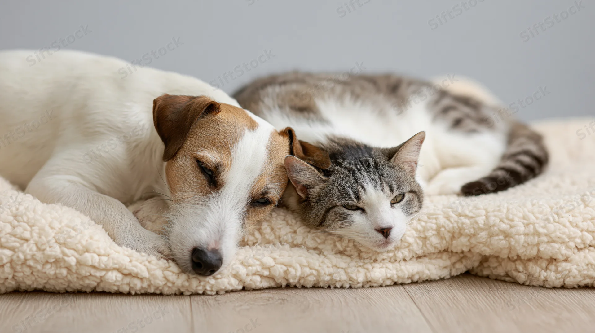 Jack russell terrier and tabby cat resting together on a soft blanket indoors