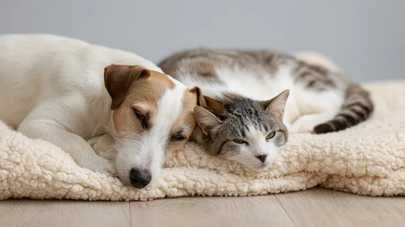 Jack russell terrier and tabby cat resting together on a soft blanket indoors