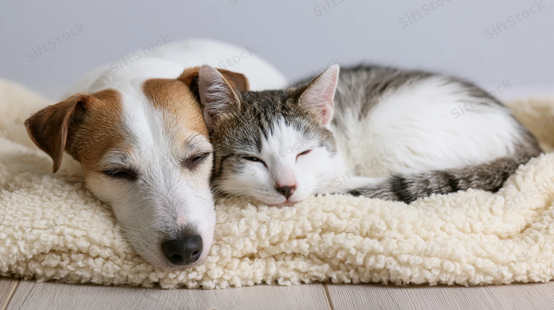 Dog and cat sleeping together on a soft blanket indoors