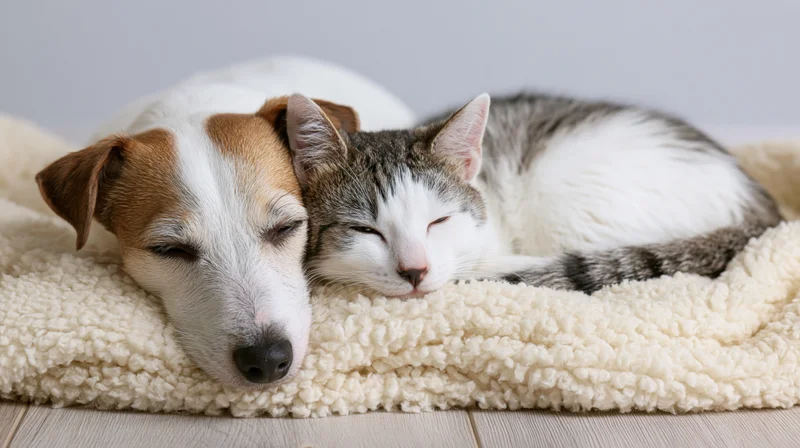 Dog and cat sleeping together on a soft blanket indoors