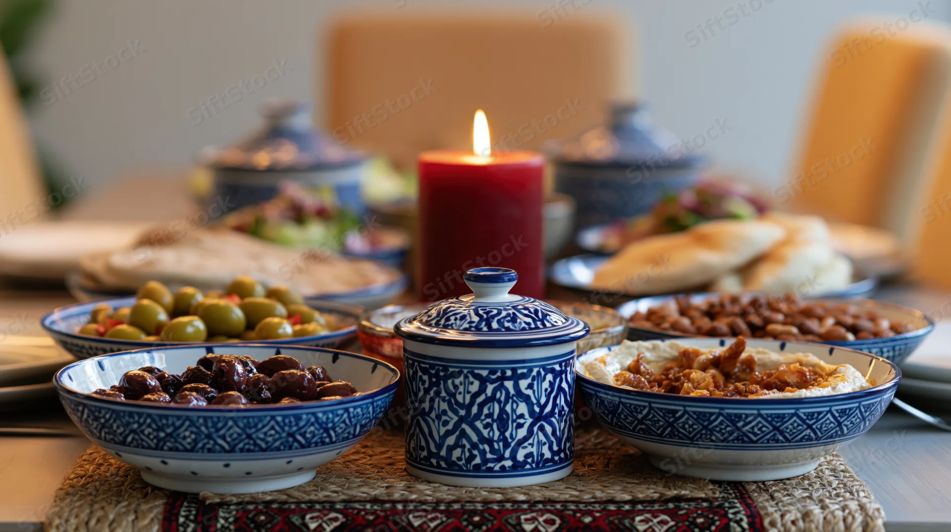 Middle eastern mezze spread on dining table with ceramic bowls and lit candle
