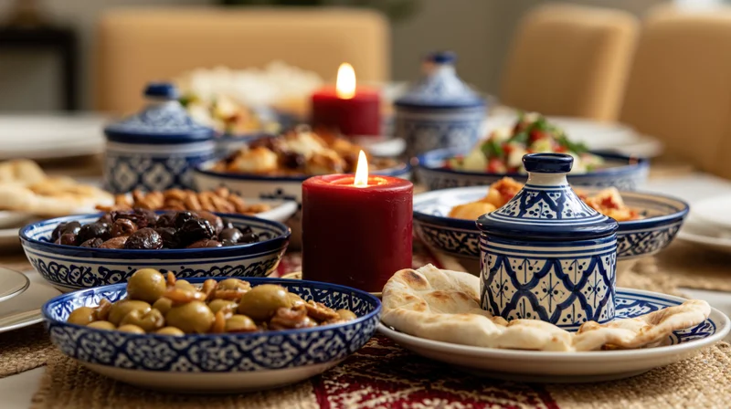 Middle eastern mezze spread with olives, hummus, pita and candles on a dining table