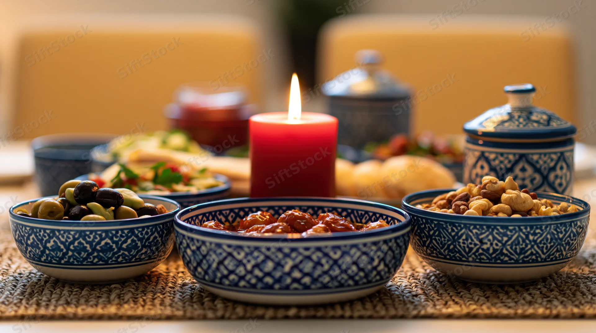 Middle eastern mezze spread with bowls of olives, nuts, and meatballs on a dining table with a lit candle and patterned ceramic dishes