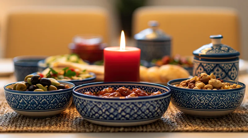 Middle eastern mezze spread with bowls of olives, nuts, and meatballs on a dining table with a lit candle and patterned ceramic dishes